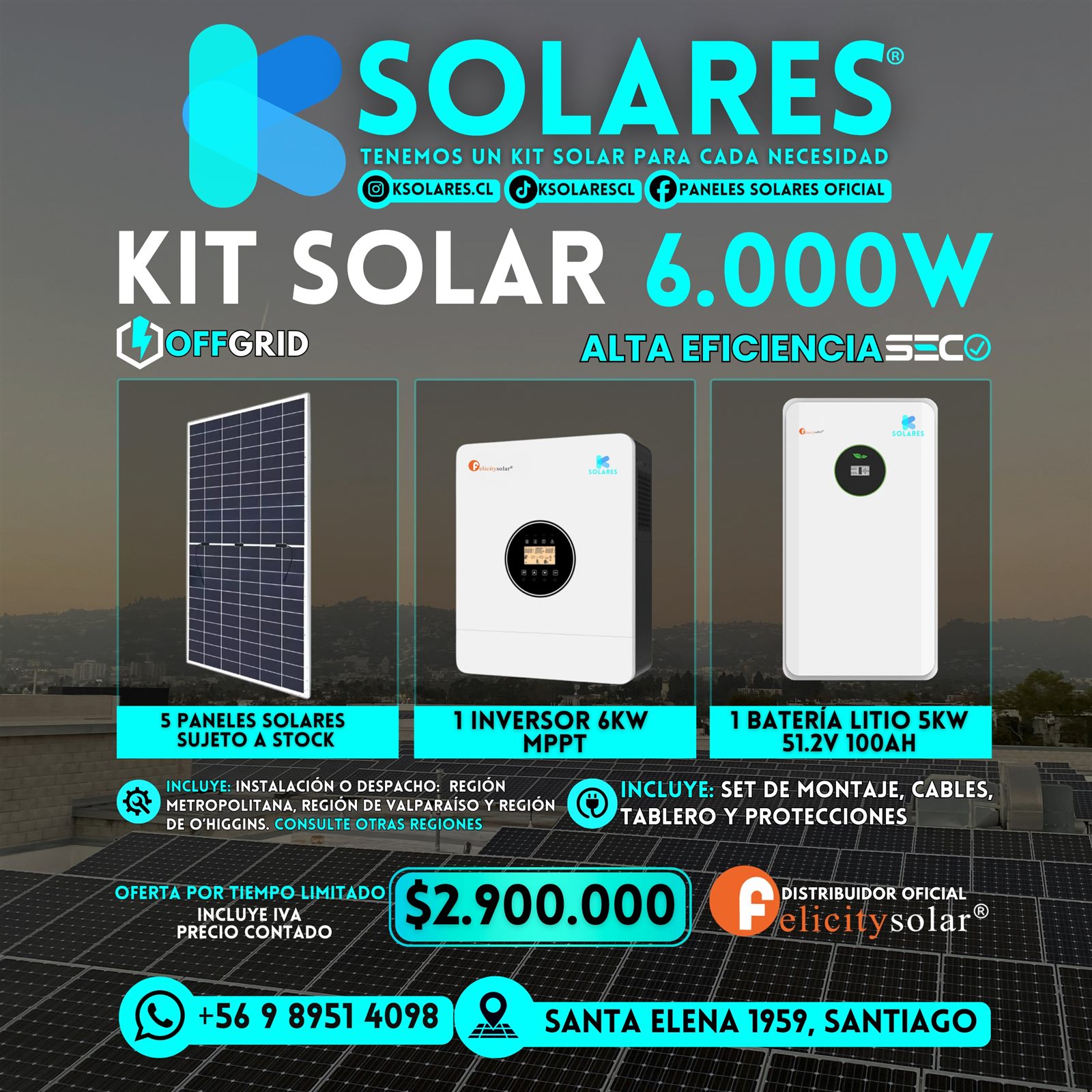 Kit Solar Híbrido 6.000W 5 Paneles 585W + Batería Litio 5kWh 51,2V 100Ah + 1 Inversor 6kW MPPT