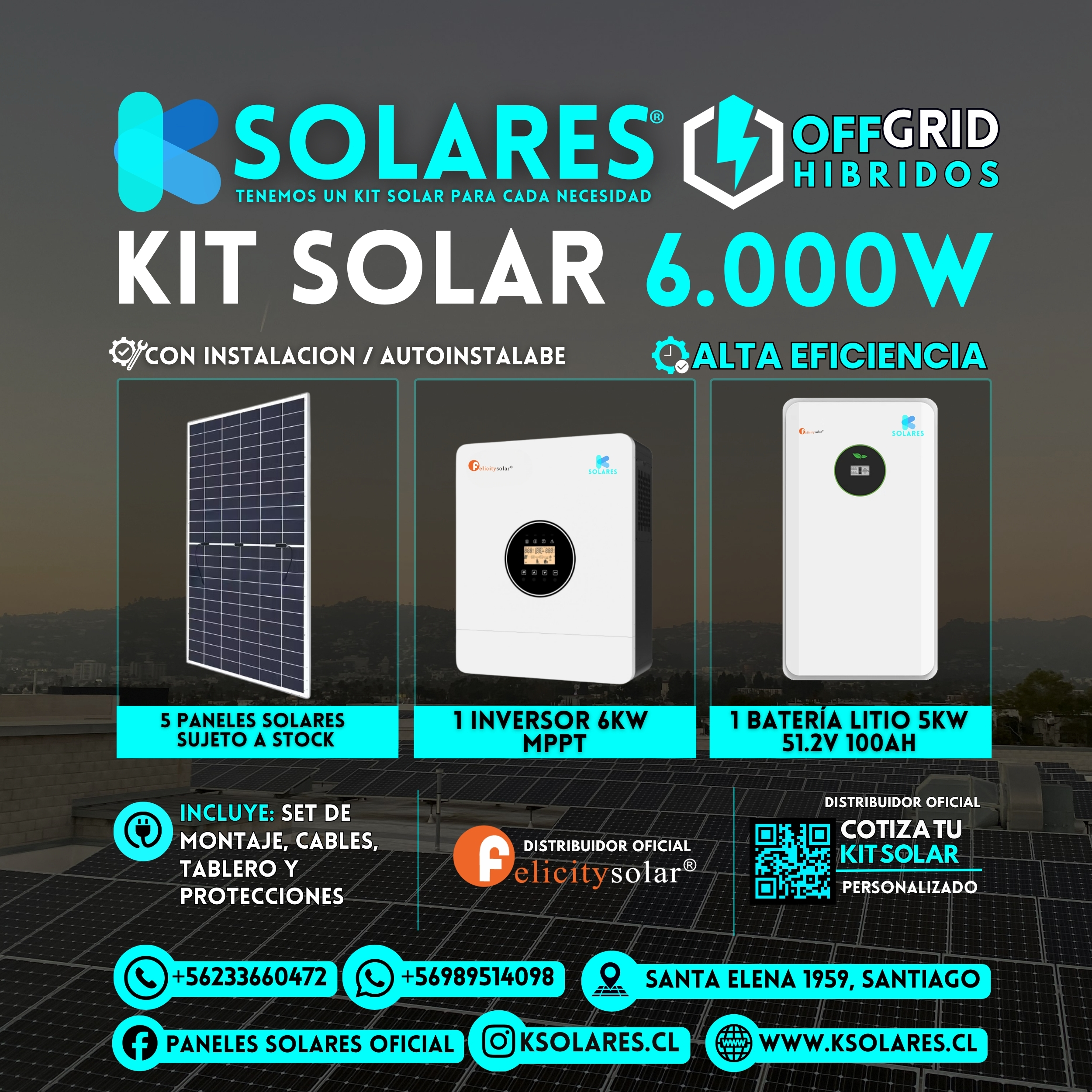 Kit Solar Off-Grid Híbrido 6 kW 5 paneles de 620 W · 3,1 kWp · inversor híbrido de 6 kW · batería 5 kWh