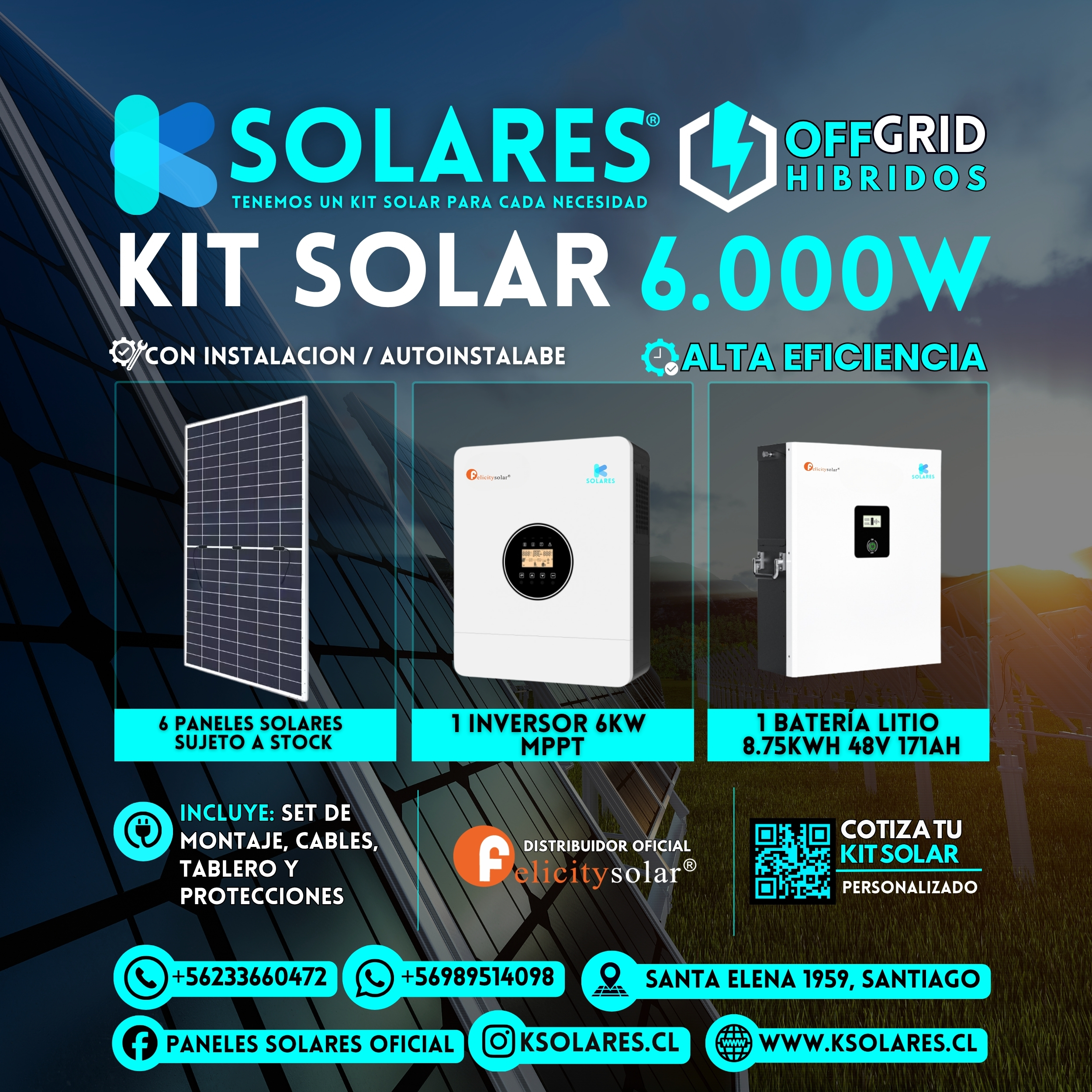 Kit Solar Off-Grid Híbrido 6 kW 6 paneles de 620 W · 3,72 kWp · inversor híbrido de 6 kW · batería 8,75 kWh