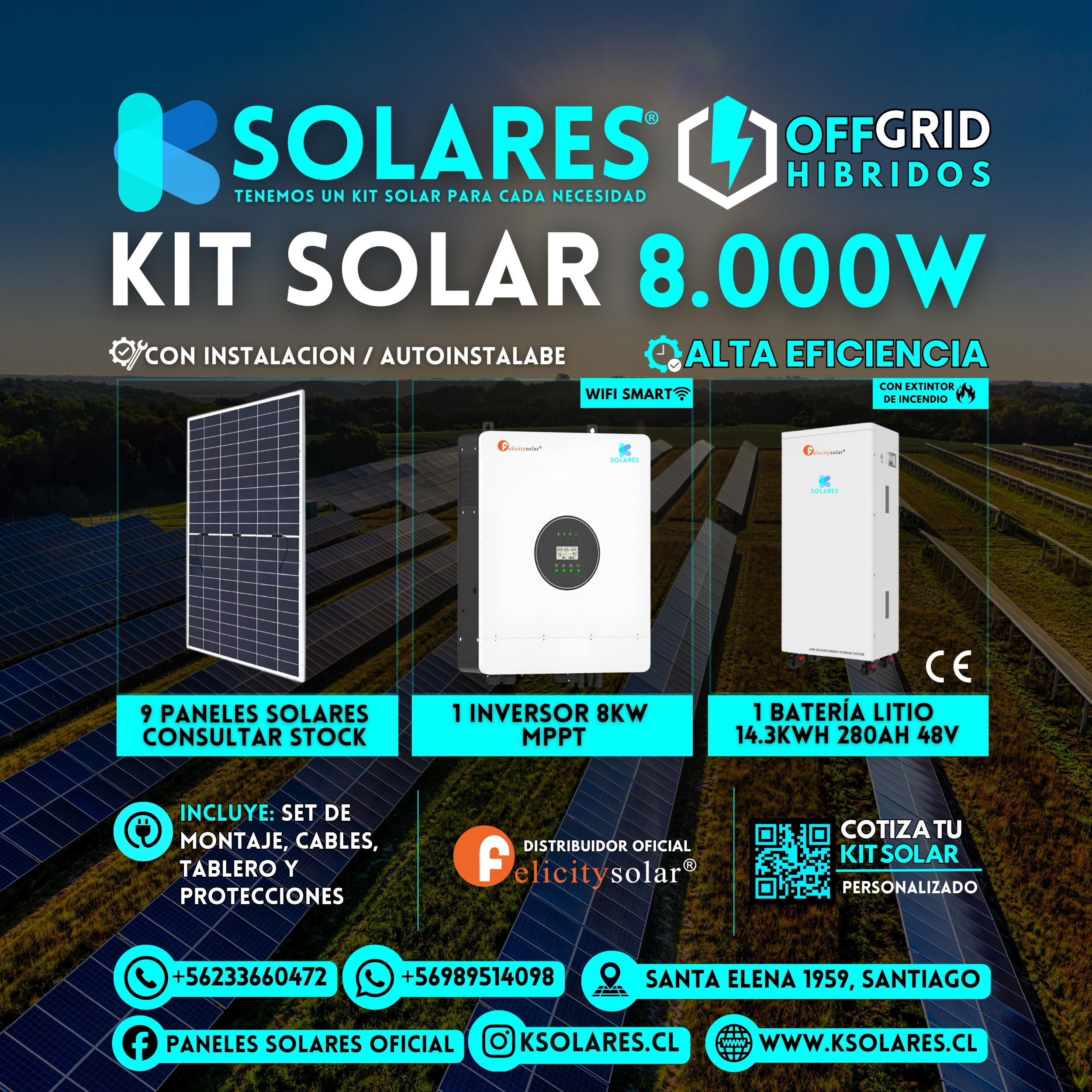 Kit Solar Off-Grid Híbrido 8 kW 9 paneles de 620 W · 5,58 kWp · inversor híbrido de 8 kW · batería 14,3 kWh