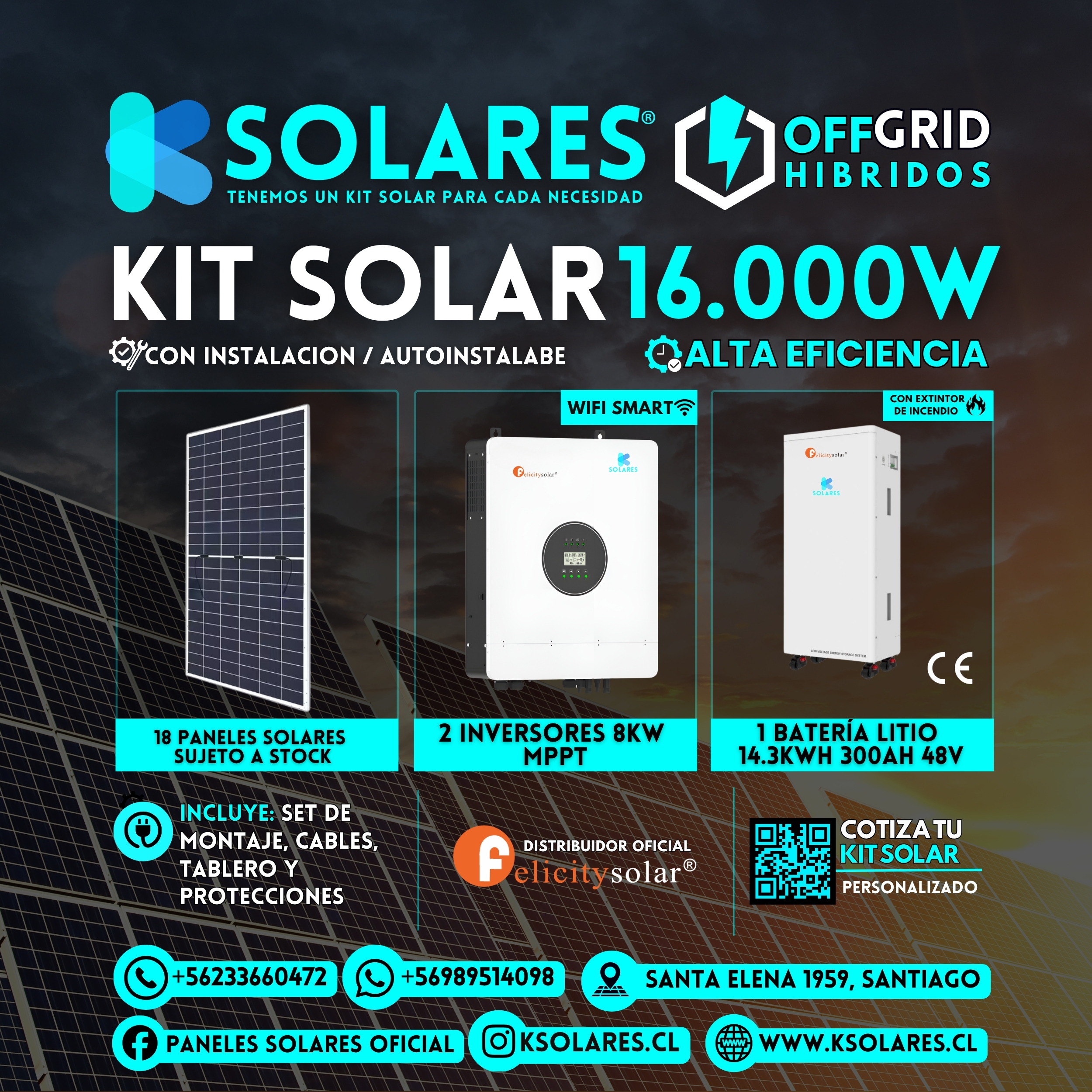 Kit Solar Off-Grid Híbrido 16 kW 18 paneles de 620 W · 11,16 kWp · inversor híbrido de 16 kW · batería 14,3 kWh