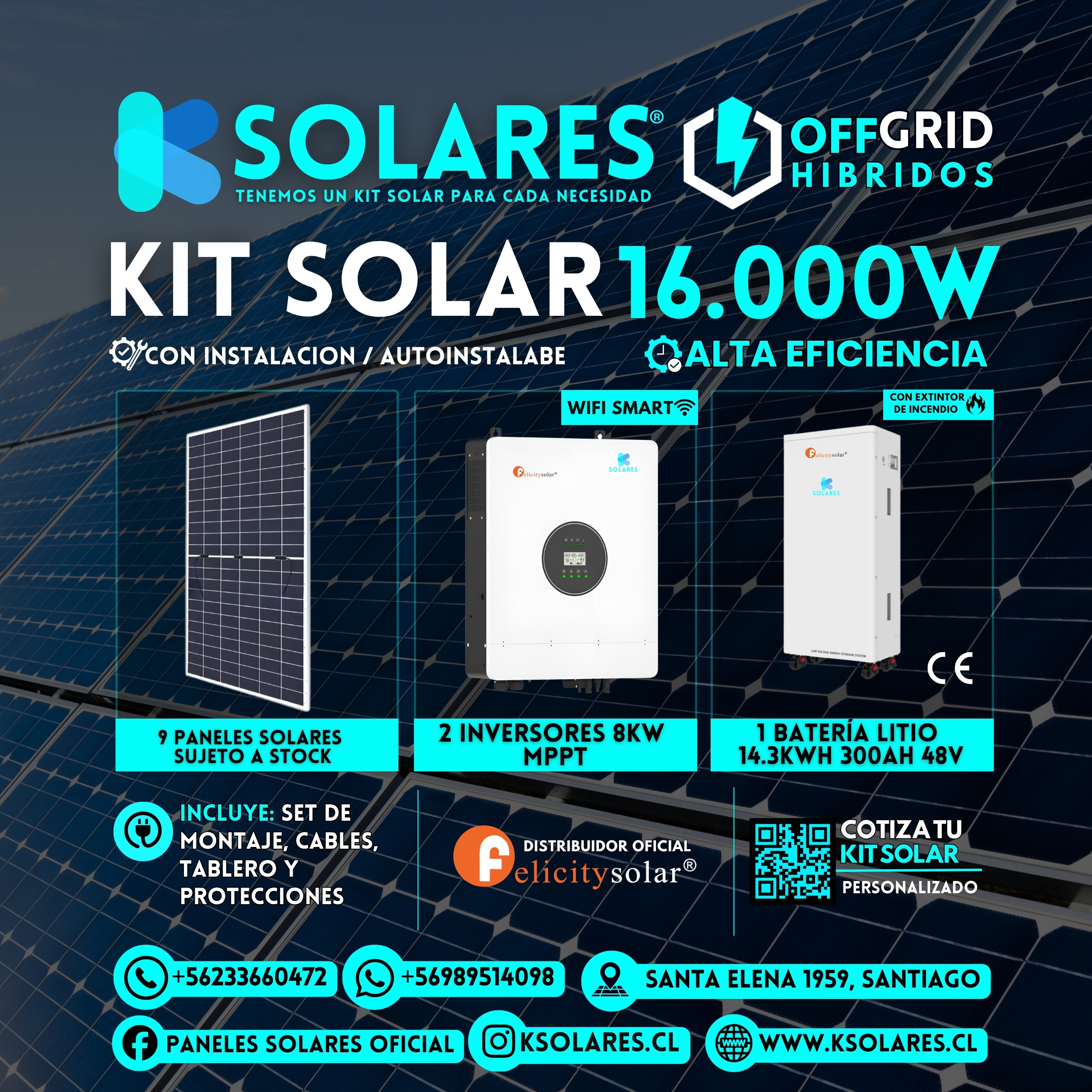 Kit Solar Off-Grid Híbrido 16 kW 9 paneles de 620 W · 5,58 kWp · inversor híbrido de 16 kW · batería 14,3 kWh