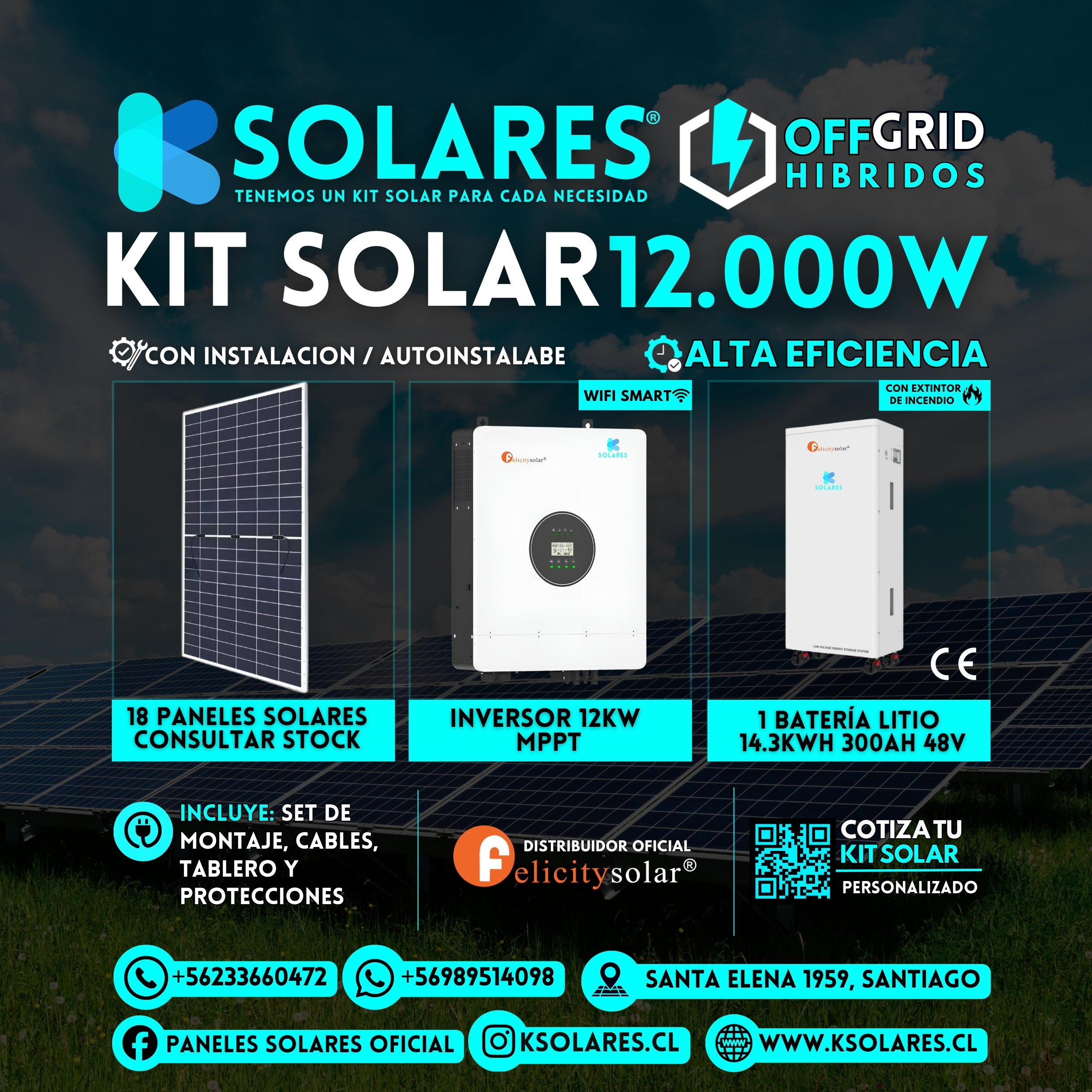 Kit Solar Off-Grid Híbrido 12 kW 18 paneles de 620 W · 11,16 kWp · inversor híbrido de 12 kW · batería 14,3 kWh