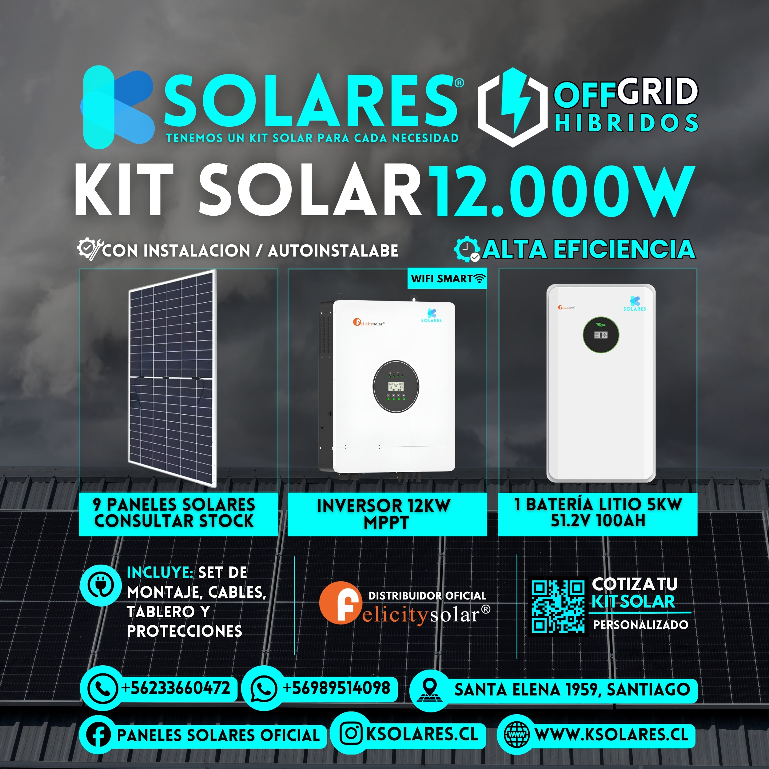 Kit Solar Off-Grid Híbrido 12 kW 9 paneles de 620 W · 5,58 kWp · inversor híbrido de 12 kW · batería 5 kWh