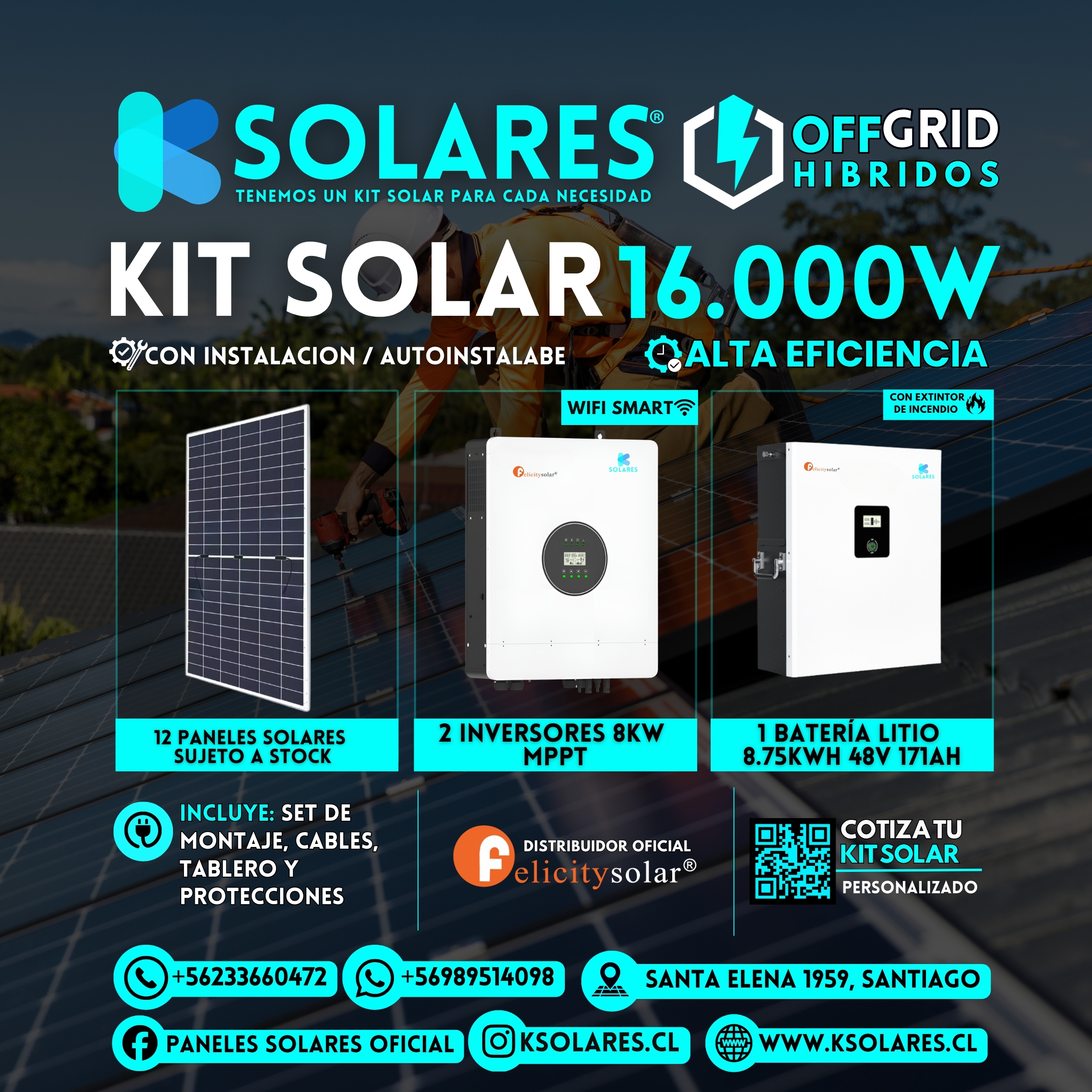 Kit Solar Off-Grid Híbrido 16 kW 12 paneles de 620 W · 7,44 kWp · inversor híbrido de 16 kW · batería 8,75 kWh