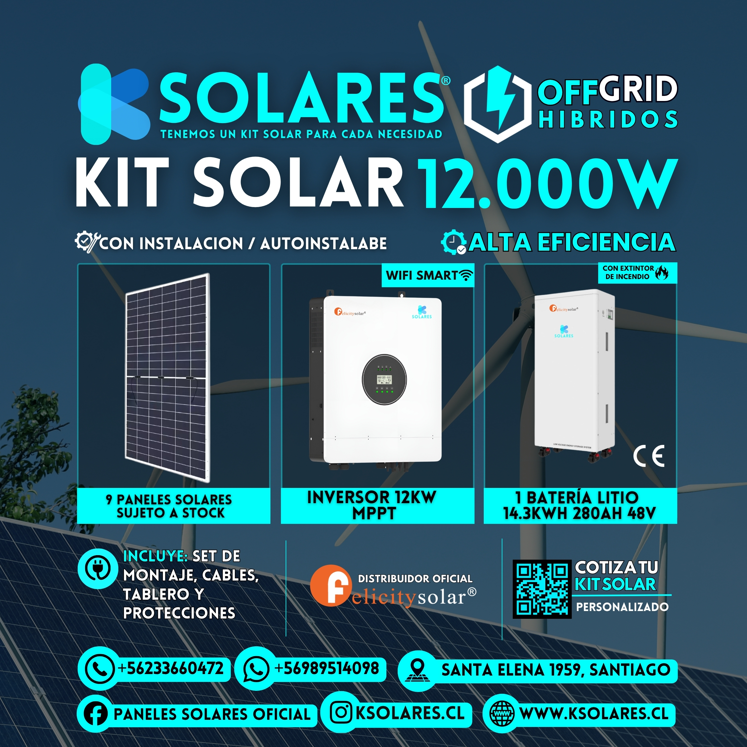Kit Solar Off-Grid Híbrido 12 kW 9 paneles de 620 W · 5,58 kWp · inversor híbrido de 12 kW · batería 14,3 kWh