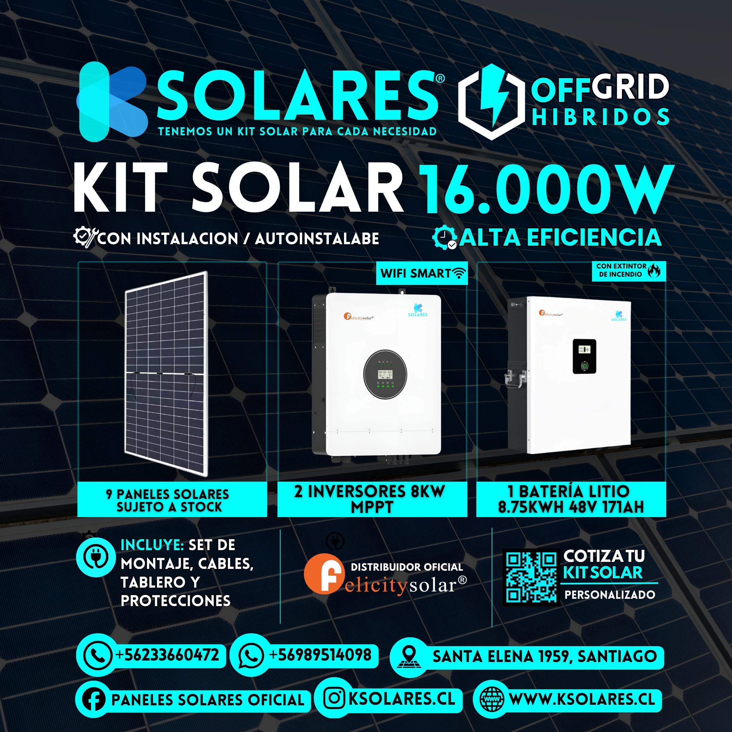 Kit Solar Off-Grid Híbrido 16 kW 9 paneles de 620 W · 5,58 kWp · inversor híbrido de 16 kW · batería 8,75 kWh