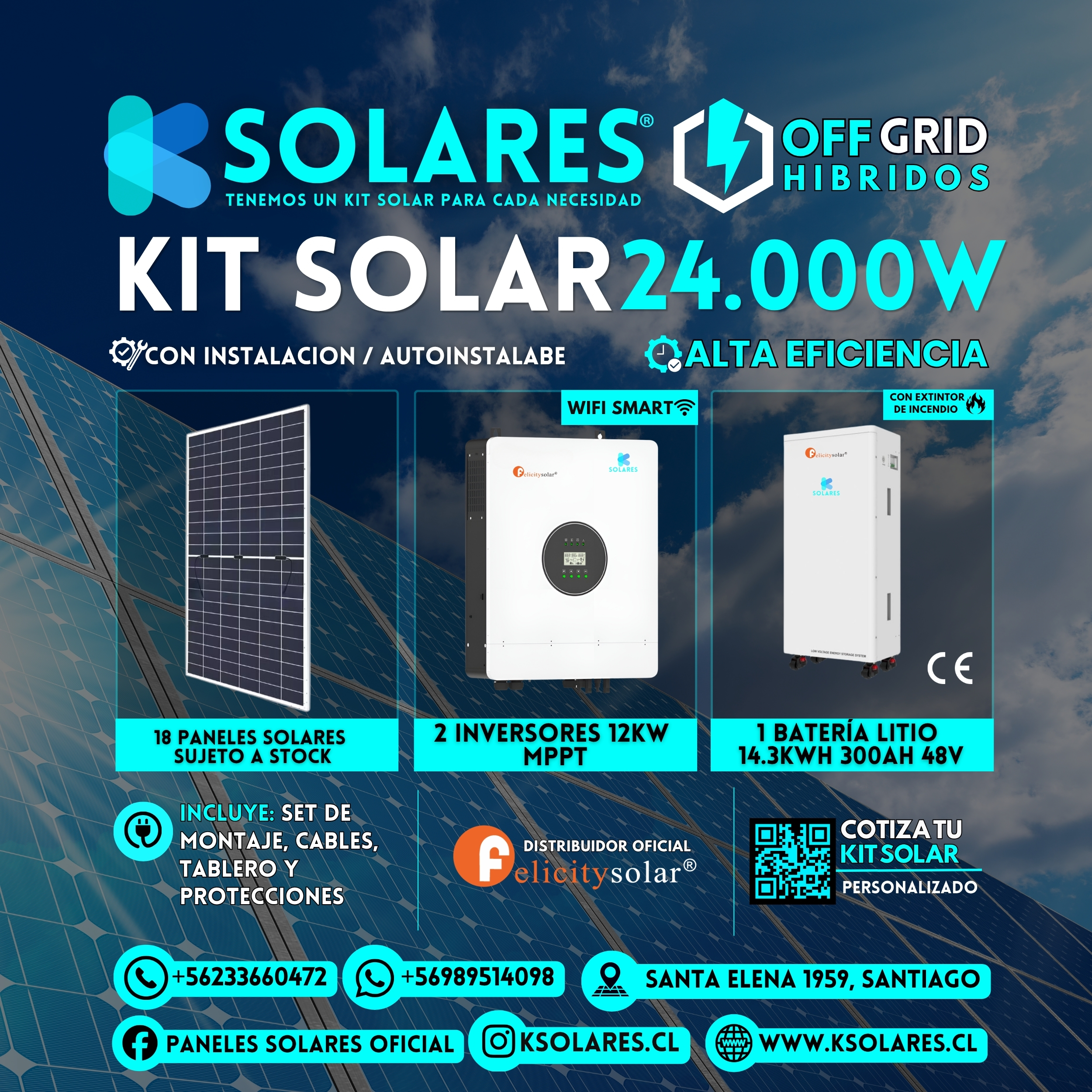 Kit Solar Off-Grid Híbrido 24 kW 18 paneles de 620 W · 11,16 kWp · inversor híbrido de 24 kW · batería 14,3 kWh