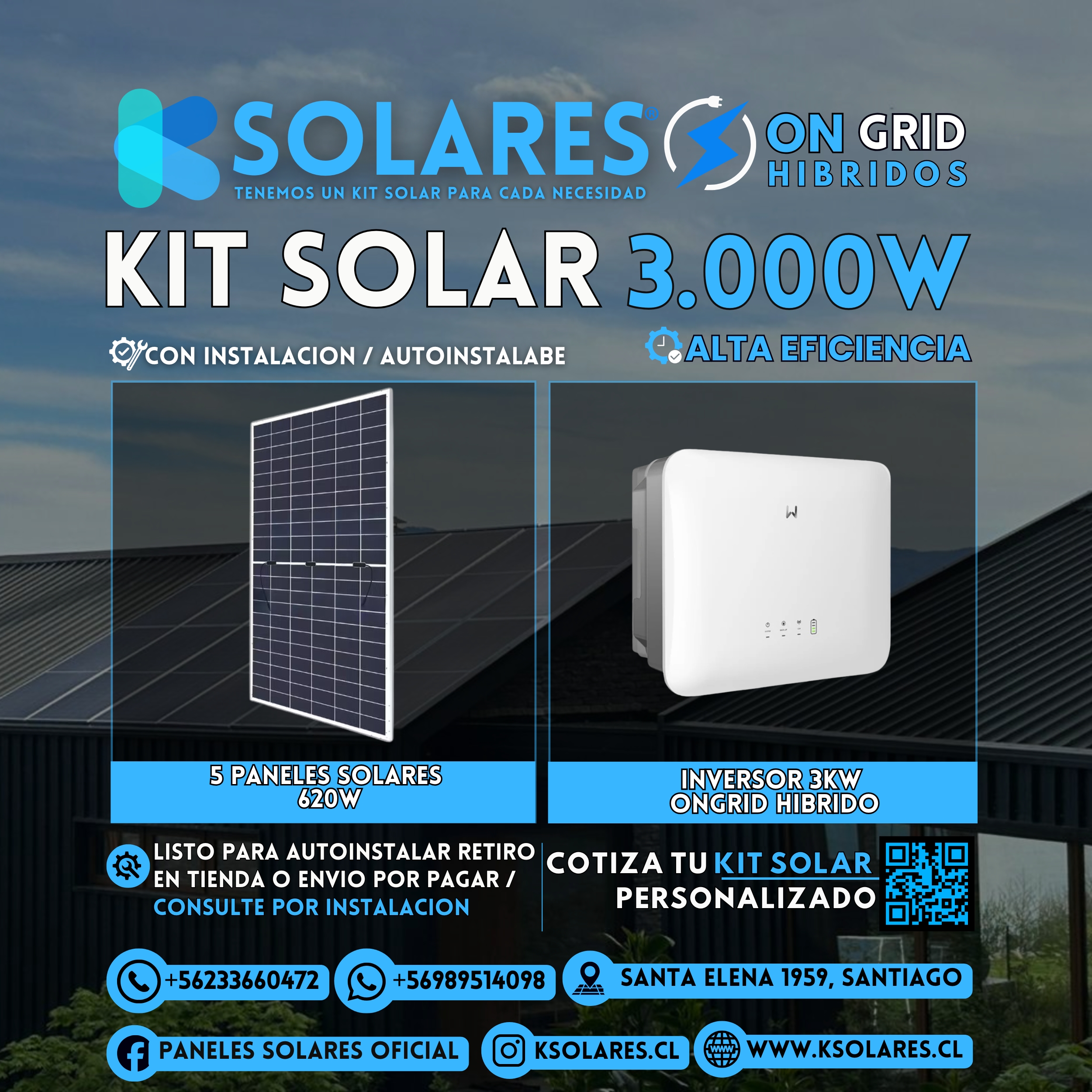 Kit Solar On-Grid Híbrido 3 kW 5 paneles de 620 W · 3,1 kWp · inversor On-Grid Híbrido de 3 kW