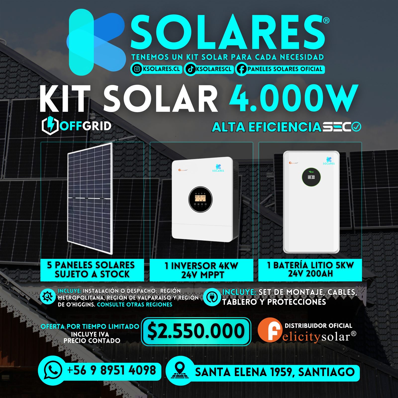 Kit Solar Híbrido 4.000W 5 Paneles 585W + Batería Litio 5kWh 24V 200Ah + 1 Inversor 4kW 24V MPPT