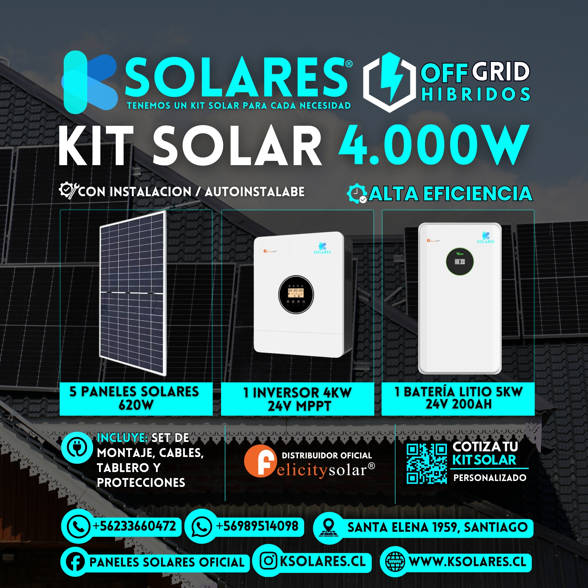 Kit Solar Off-Grid Híbrido 4 kW 5 paneles de 620 W · 3,1 kWp · inversor híbrido de 4 kW · batería 5 kWh
