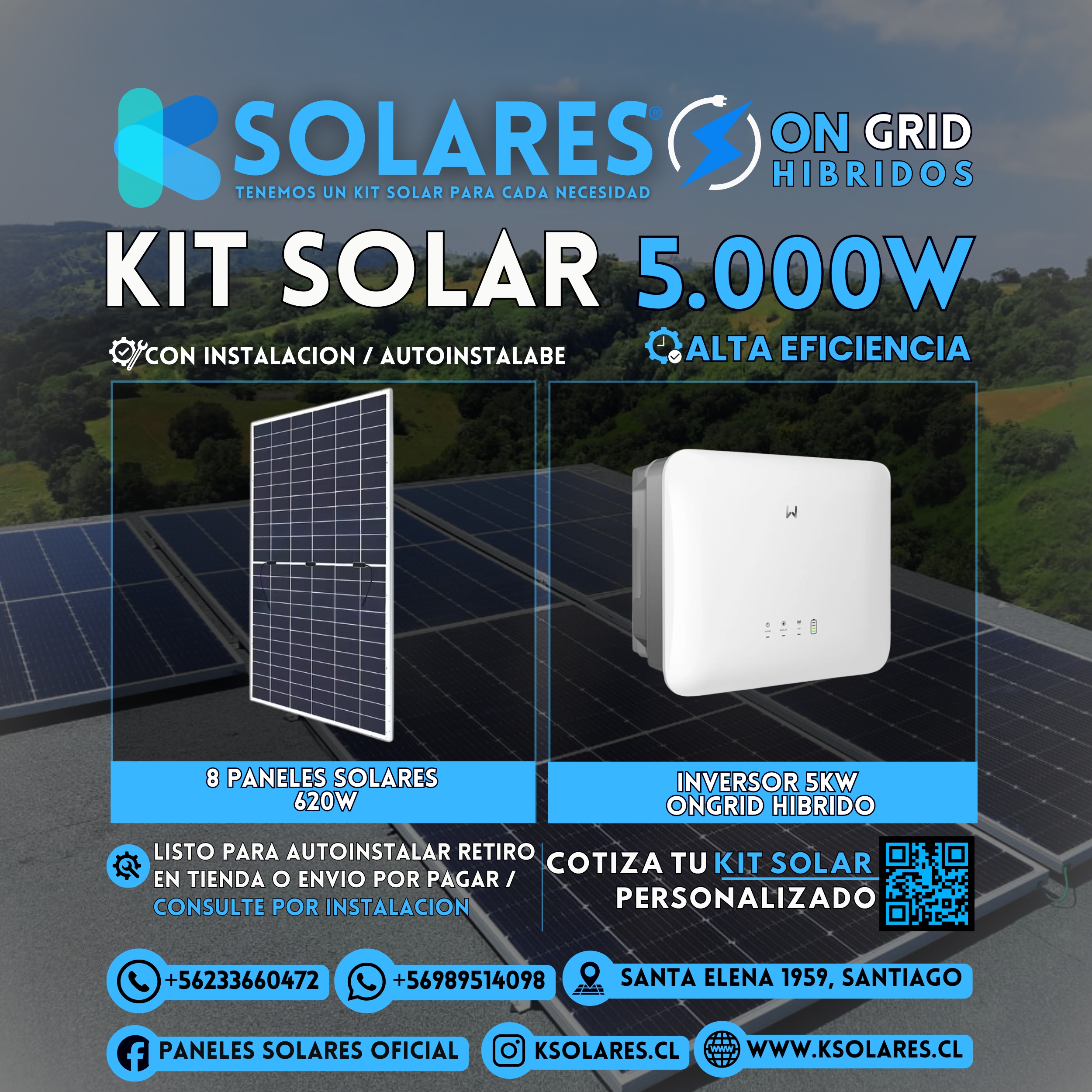 Kit Solar On-Grid Híbrido 5 kW 8 paneles de 620 W · 4,96 kWp · inversor On-Grid Híbrido de 5 kW