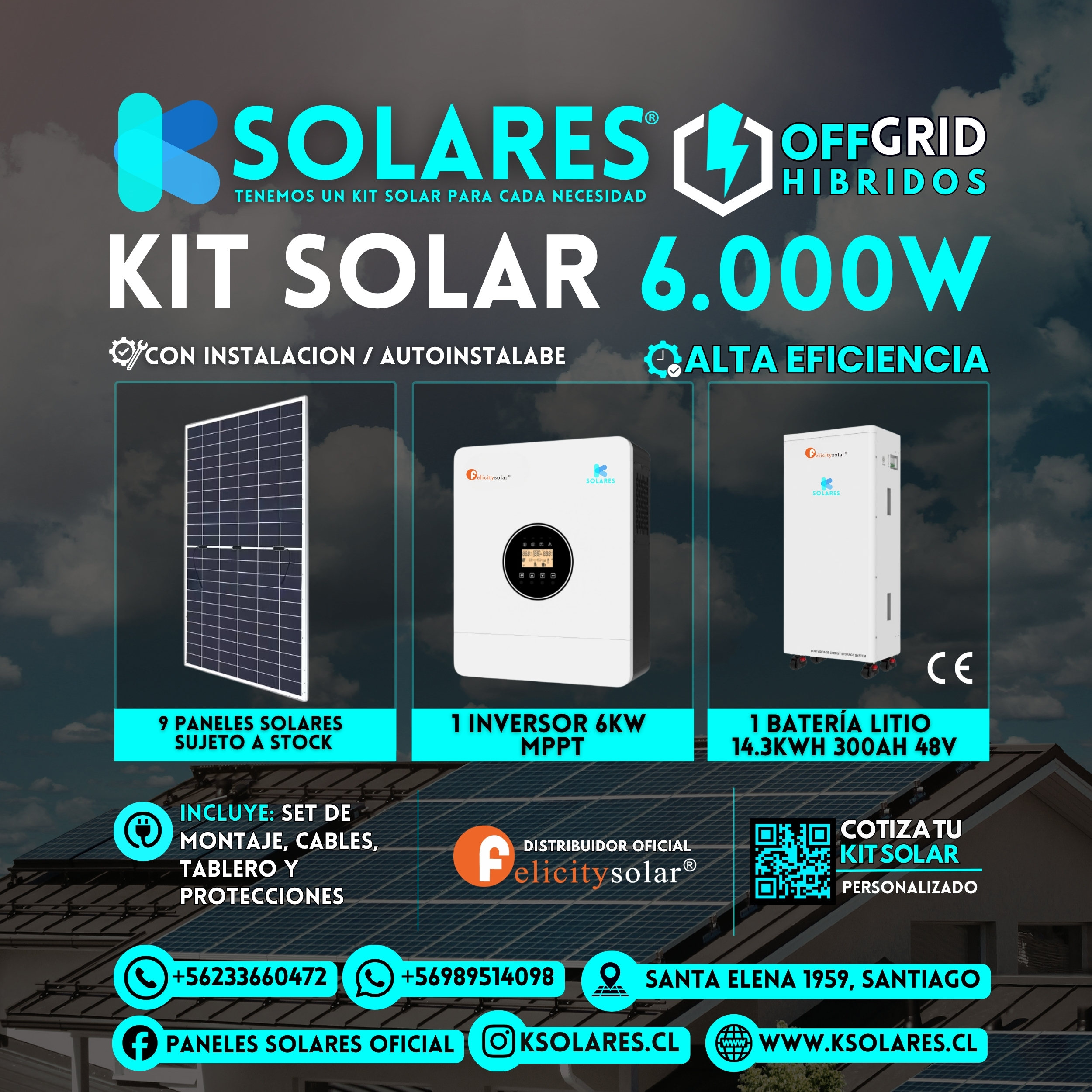 Kit Solar Off-Grid Híbrido 6 kW 9 paneles de 620 W · 5,58 kWp · inversor híbrido de 6 kW · batería 14,3 kWh