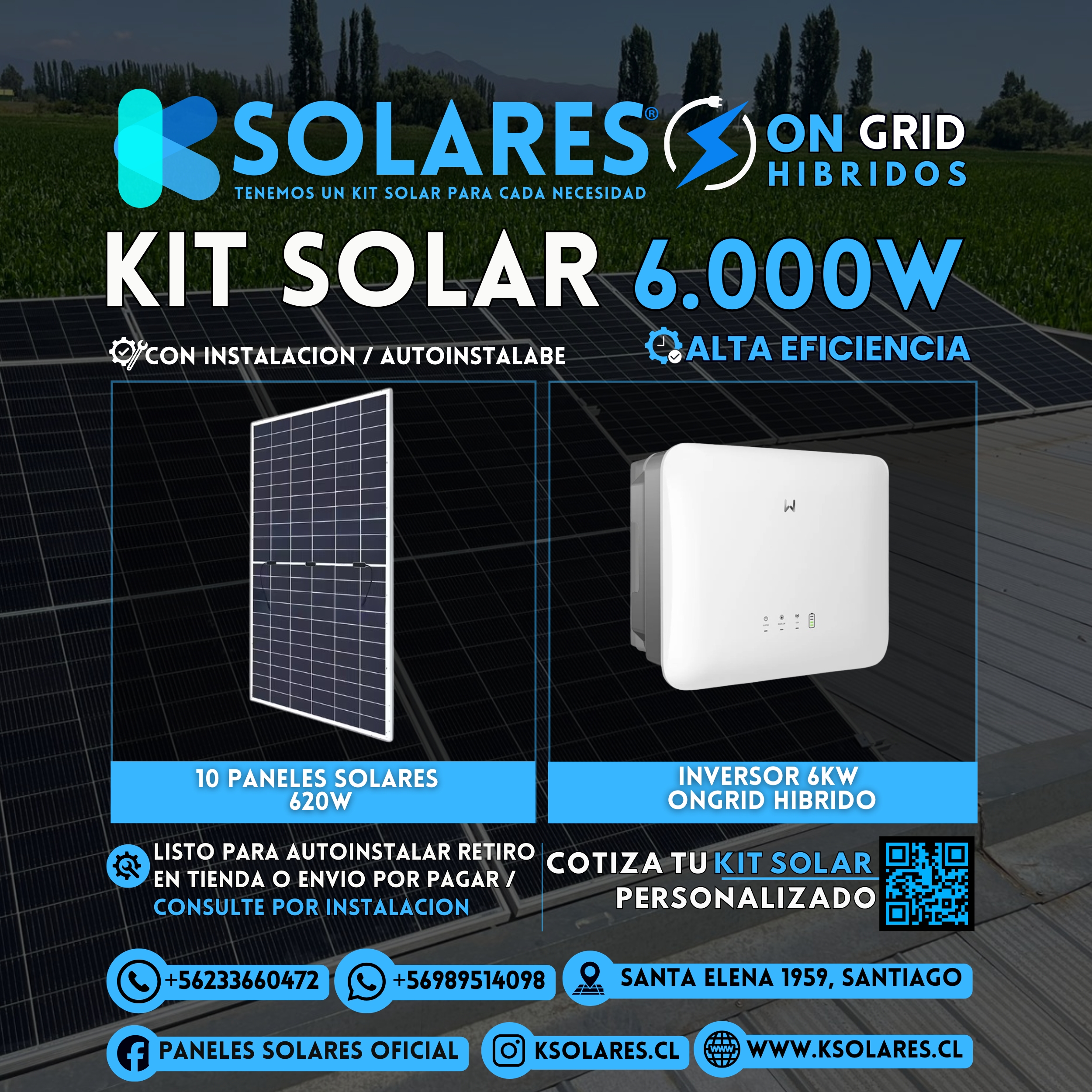 Kit Solar On-Grid Híbrido 6 kW 10 paneles de 620 W · 6,2 kWp · inversor On-Grid Híbrido de 6 kW