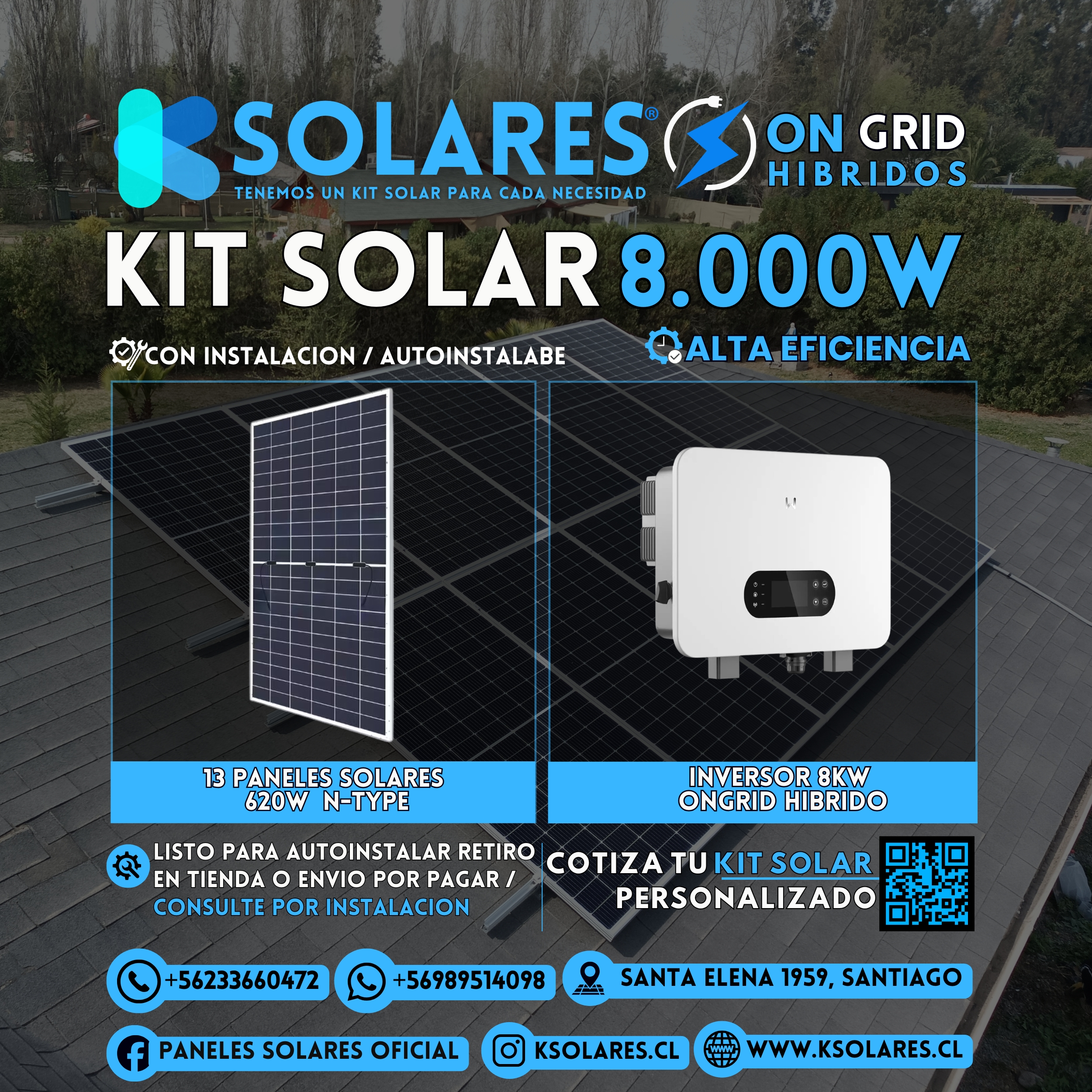 Kit Solar On-Grid Híbrido 8 kW 13 paneles de 620 W · 8,06 kWp · inversor On-Grid Híbrido de 8 kW