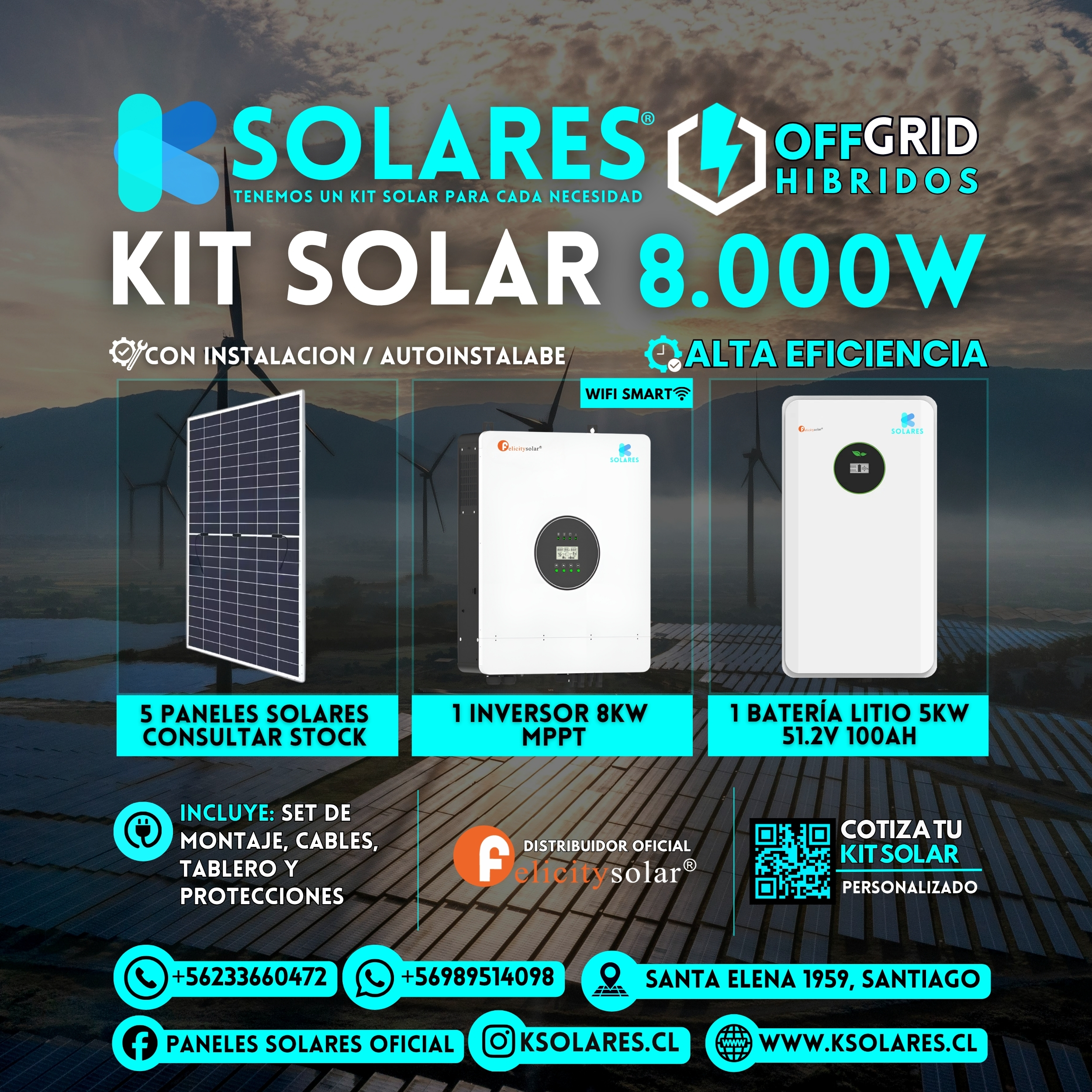 Kit Solar Off-Grid Híbrido 8 kW 5 paneles de 620 W · 3,1 kWp · inversor híbrido de 8 kW · batería 5 kWh