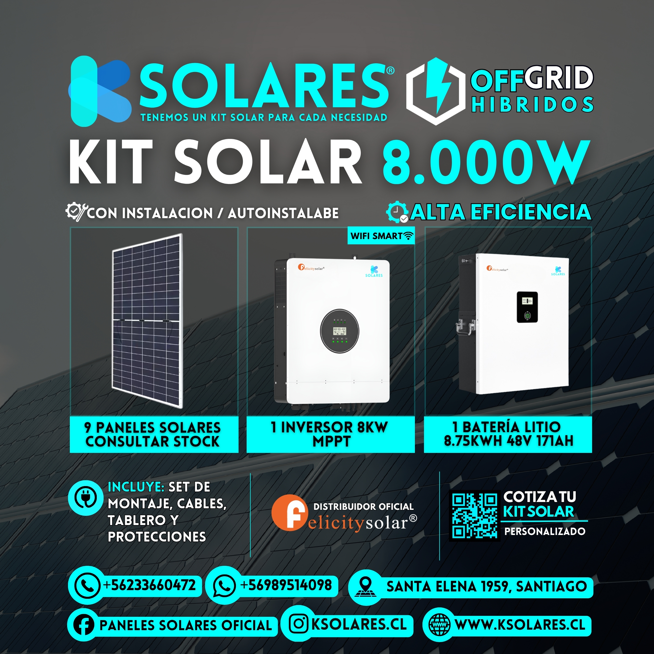 Kit Solar Off-Grid Híbrido 8 kW 9 paneles de 620 W · 5,58 kWp · inversor híbrido de 8 kW · batería 8,75 kWh